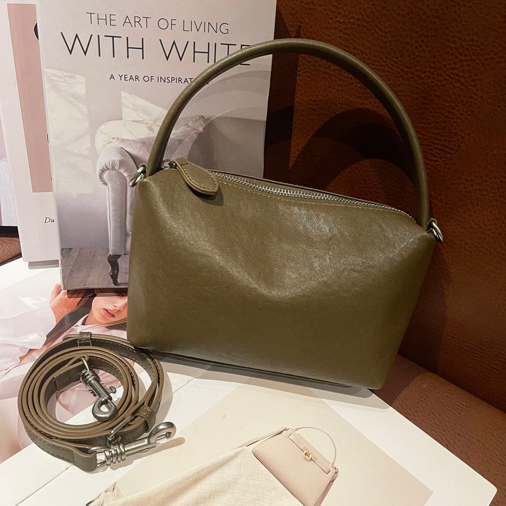 Genuine Top Layer Vegetable-Tanned Cowhide Boston Pillow Bag for Women, New Vintage Top Handle Crossbody Purse, Premium Leather Handbag for Ladies