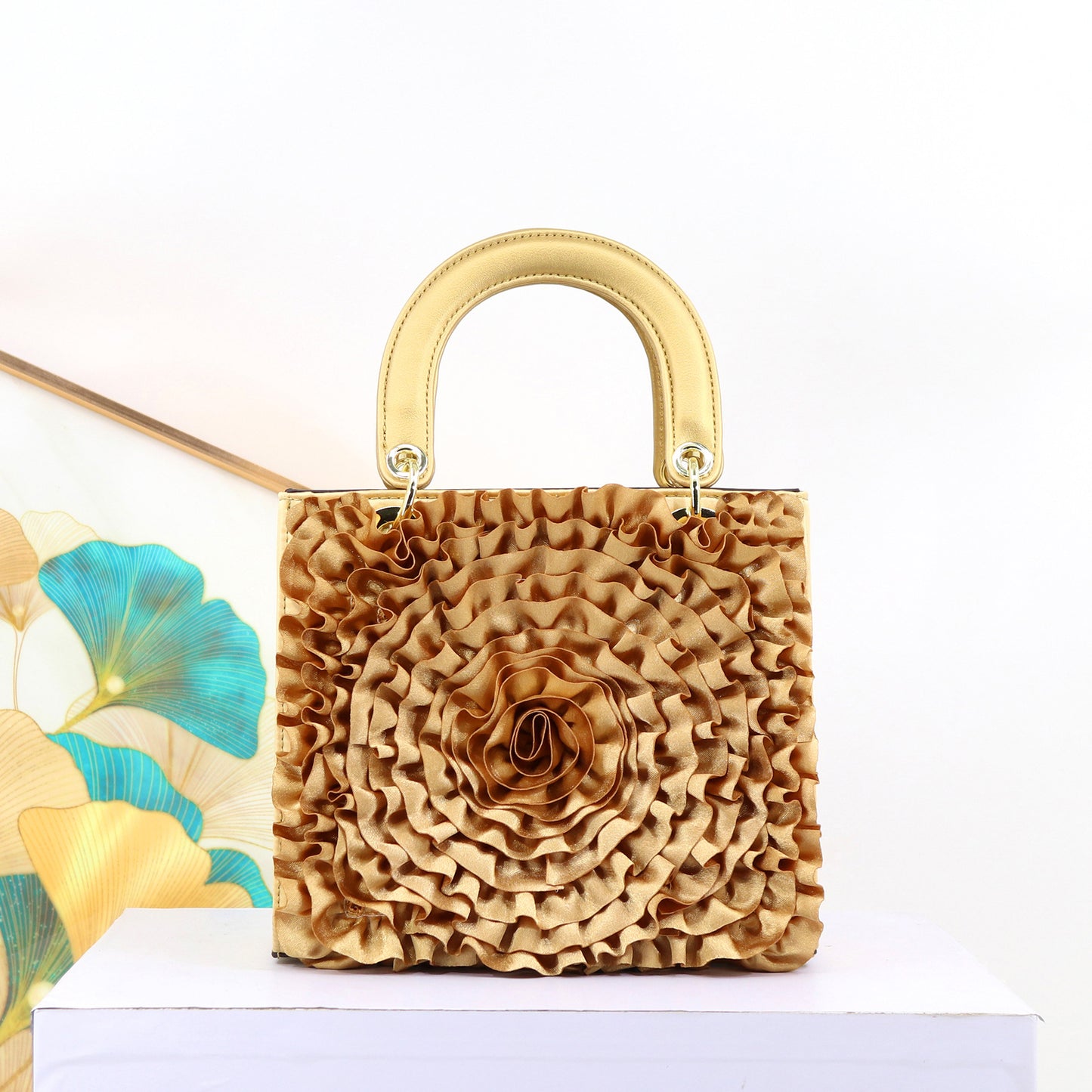 Premium Satin Ruffle Flower Diana-Style Handbag for Women, Exquisite Southeast Asian Designer Bag, High-Quality Ladies Shoulder Purse