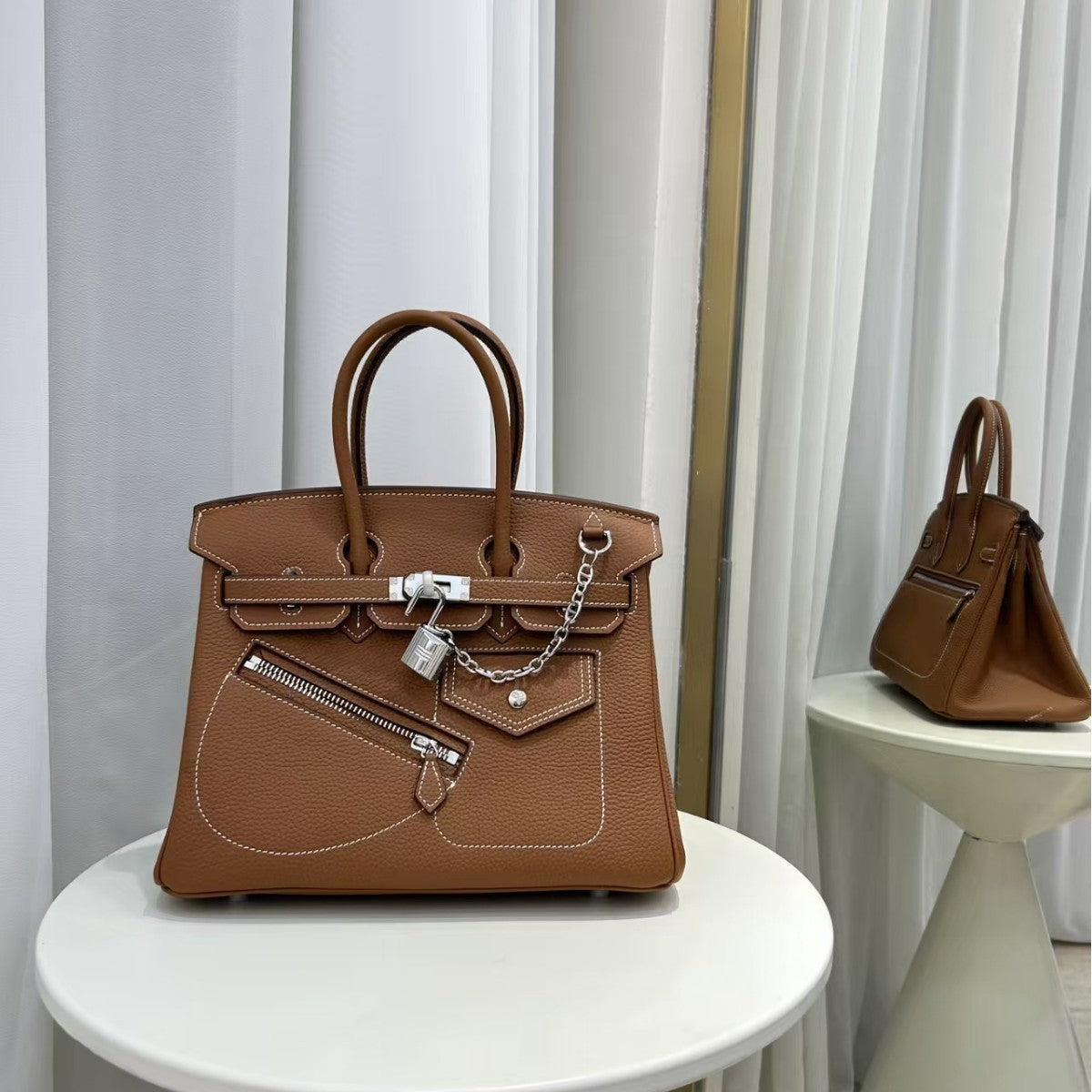 New Arrival Top-Layer Cowhide Leather Biker Birkin-Inspired Tote Bag for Women, Front Zipper Detail with Spacious Large Capacity, Versatile Top-Handle Crossbody Handbag for Everyday Style