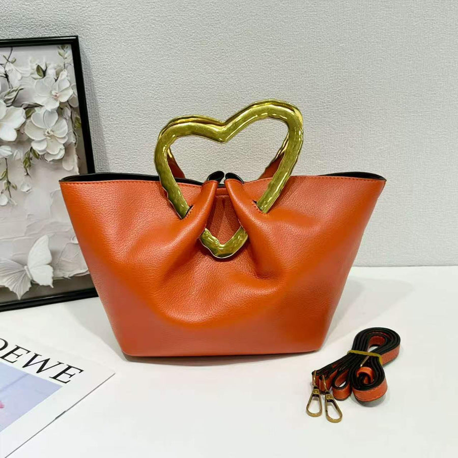 Heart Metal Handle Bucket Bag for Women Soft Leather Pleated Shoulder Crossbody Handbag, Trendy Designer Purse with Romantic Hardware Accent
