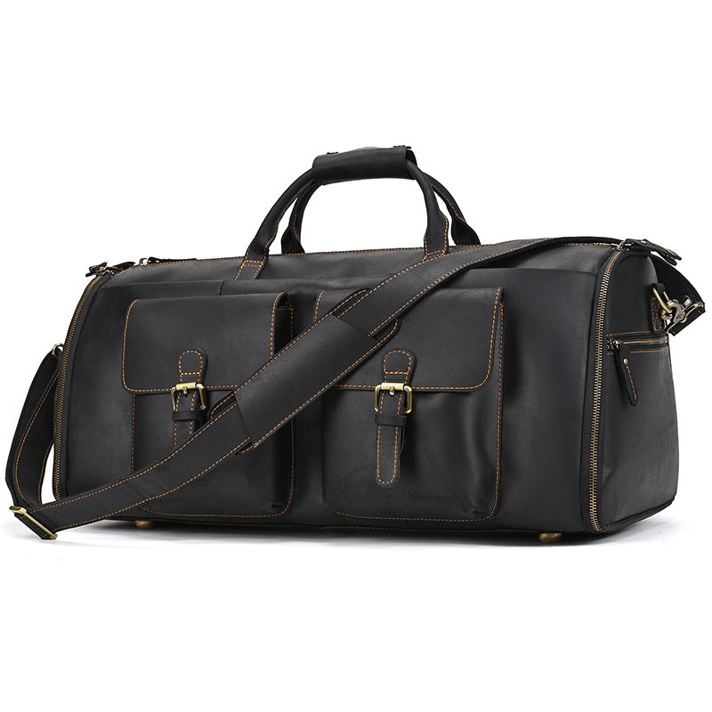 Multifunctional Crazy Horse Leather Travel Duffle, Foldable Suit Garment Bag with Wet-Dry Separation, Premium Gym Weekender for Men