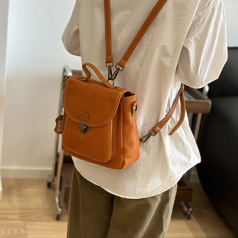 Genuine Top Layer Vegetable-Tanned Cowhide Backpack for Women, Fall Winter Small Shoulder Crossbody 2-in-1 Purse, Versatile Everyday Daypack for Ladies