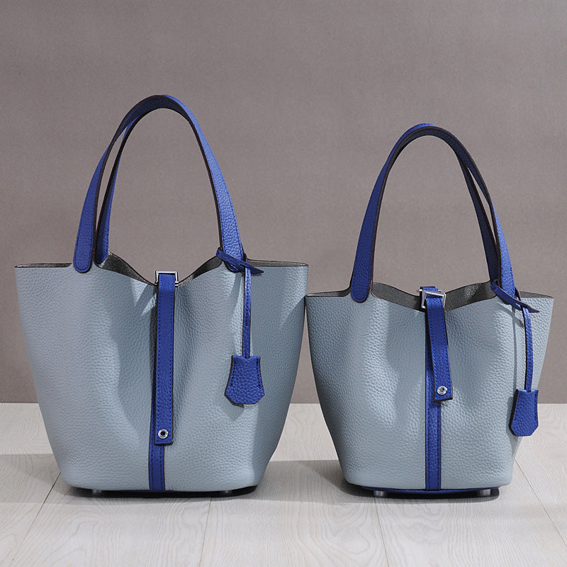 Genuine Top Layer Pebbled Cowhide Leather Bucket Bag for Women, New Fashionable Basket Mini Top Handle Handbag, Trendy Casual Purse for Ladies