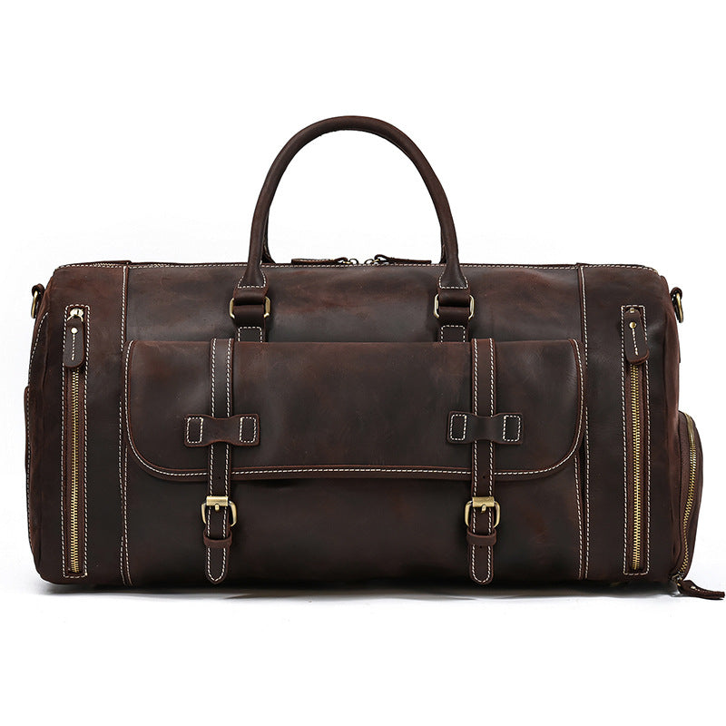 Large Capacity Crazy Horse Leather Travel Duffle with Shoe Compartment, Top Handle Shoulder Crossbody Luggage Bag for Men