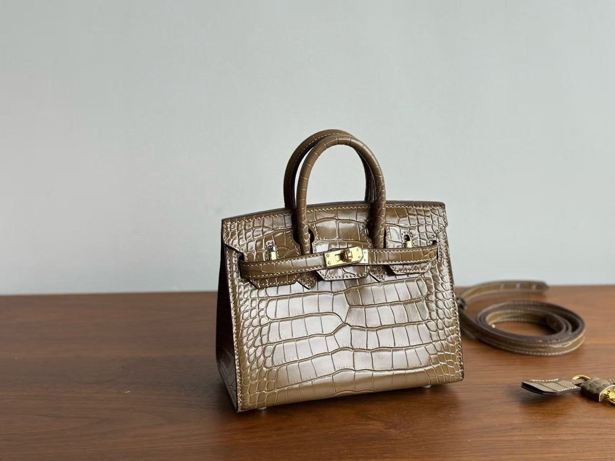 Genuine Top Layer Cowhide Matte Crocodile-Embossed Mini Birkin-Style Bag for Women, Semi-Handmade External Stitching Top Handle Purse, New Premium Handbag for Ladies