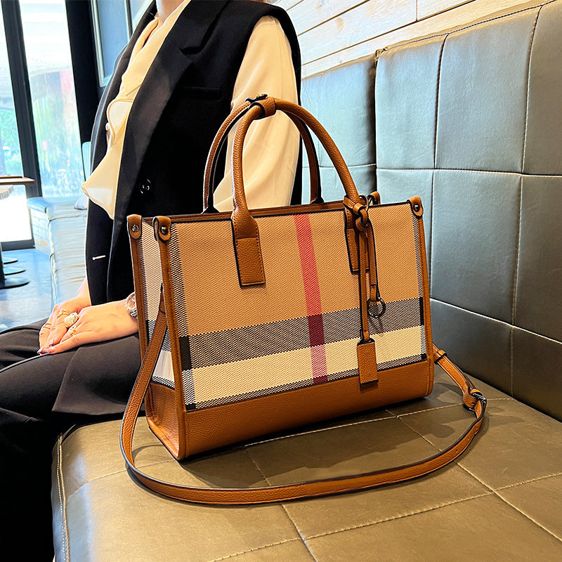 Genuine Leather Plaid Shell Handbag for Women, New Versatile Large Capacity Top Handle Shoulder Crossbody Purse, Trendy Bag for Ladies