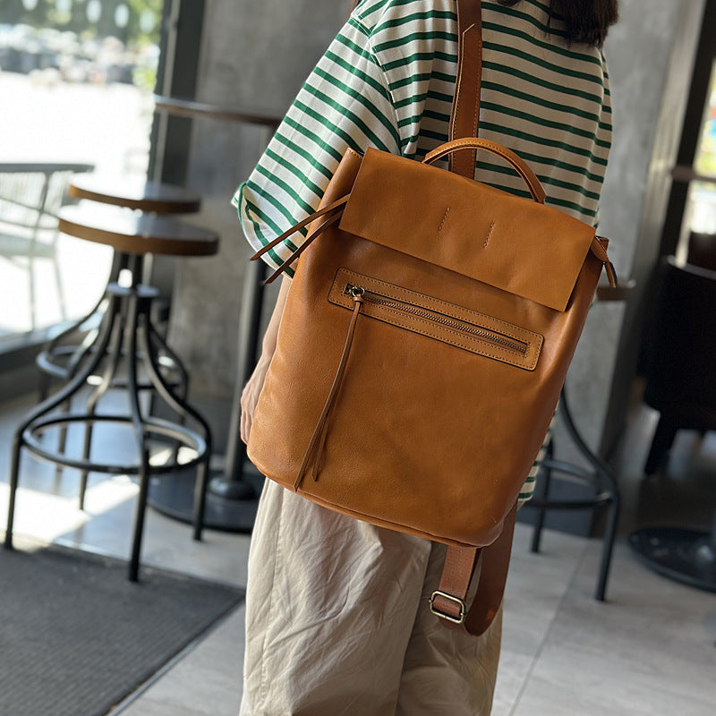 Genuine Vegetable-Tanned Cowhide Backpack for Women, New Original Japanese Vintage Artisan Large Capacity School Daypack, Casual Leather Bag for Ladies