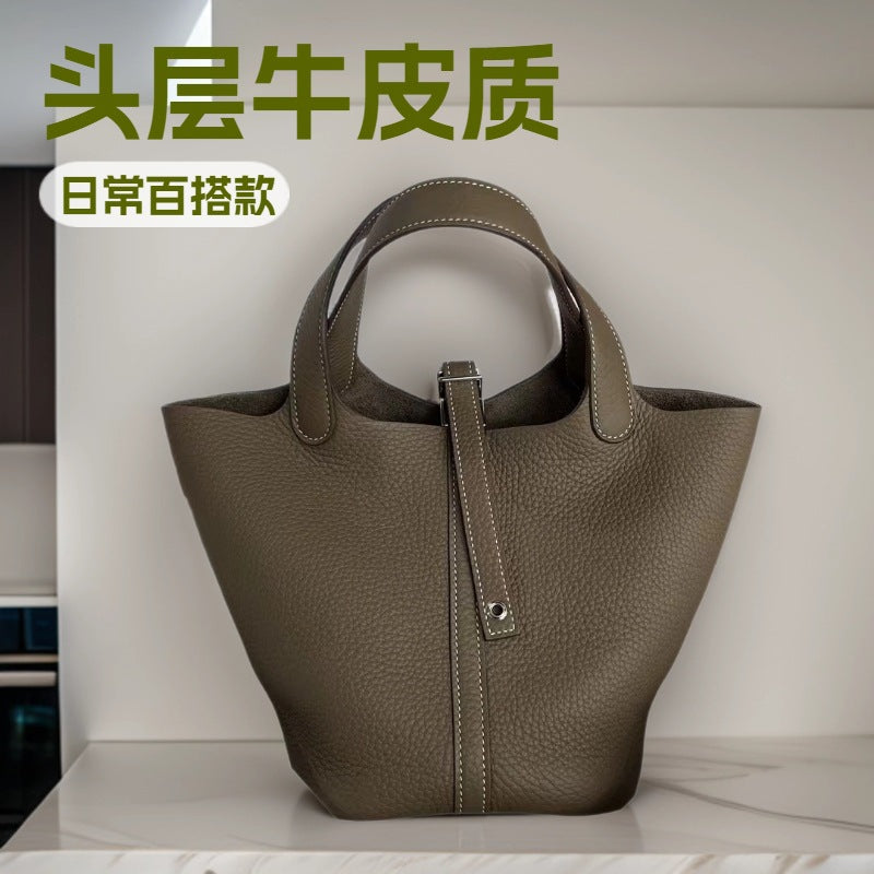 Genuine TC Cowhide 18cm Basket Bucket Bag for Women, Hermès-Style High-Quality Top Handle Handbag, New Premium Leather Purse for Ladies