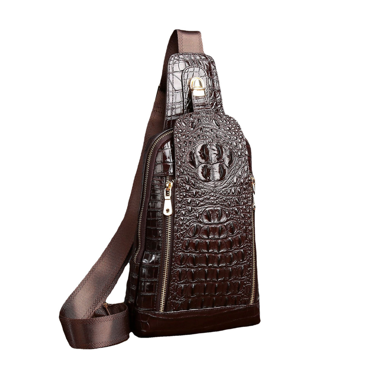 New Arrival Croc-Effect Genuine Leather Chest Bag for Men, A Top-Layer Cowhide Crossbody Shoulder Front Pack with Fashionable Design, Perfect for Outdoor & Casual Use
