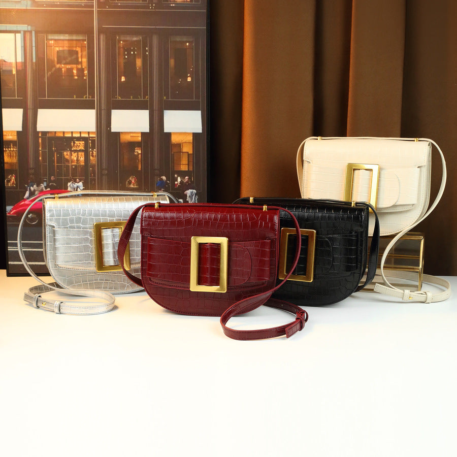 Chic Vintage Croc-Effect Saddle Bag for Women, A Light Luxury Square Buckle Embossed Shoulder Crossbody Handbag with Textured Premium Design