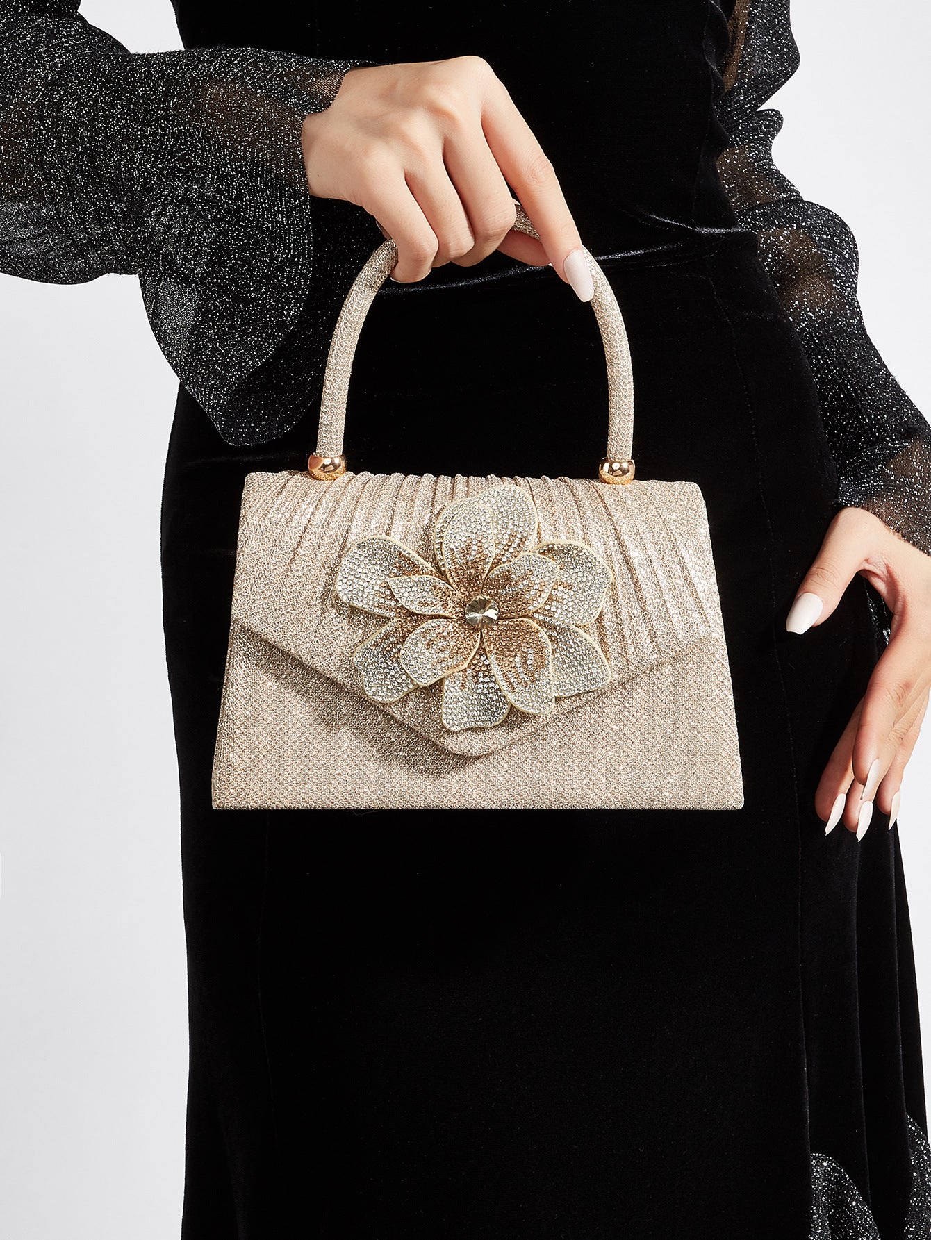 Luxury Rhinestone Pleated Evening Clutch for Women, Sparkly Bow-Top Handle Bag with Detachable Chain, Elegant Formal Party Purse for Ladies