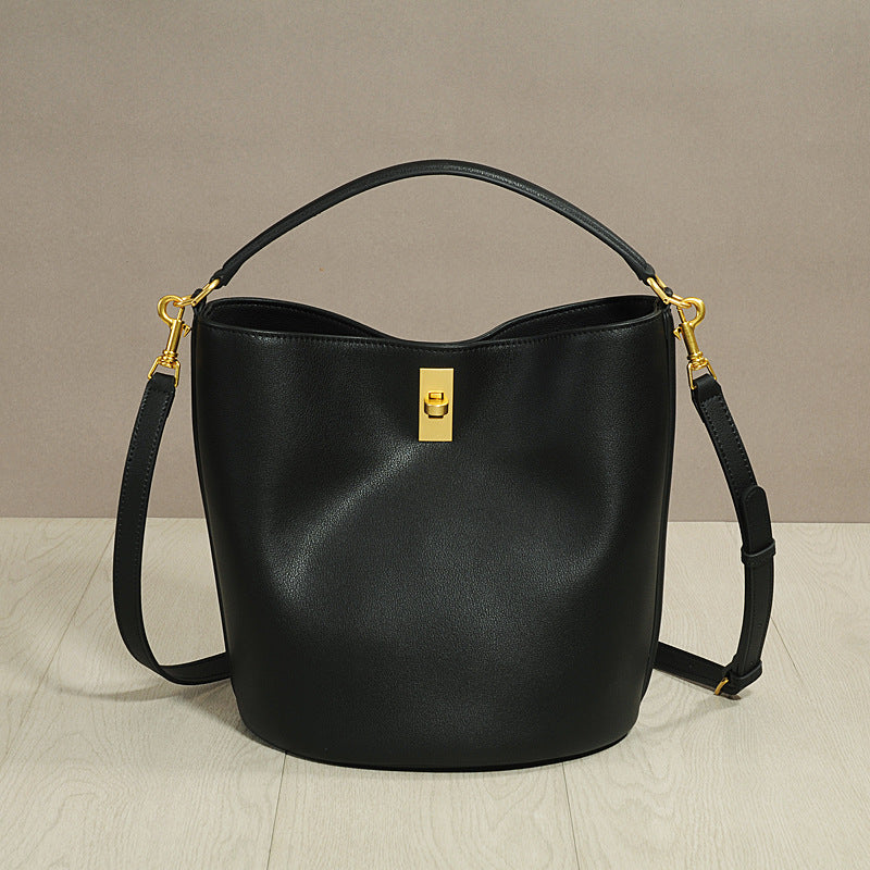Spring Summer New Cowhide Leather Bucket Bag Large Capacity Shoulder Crossbody Handbag Casual Versatile Tote