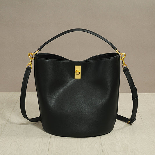 Spring Summer New Cowhide Leather Bucket Bag Large Capacity Shoulder Crossbody Handbag Casual Versatile Tote