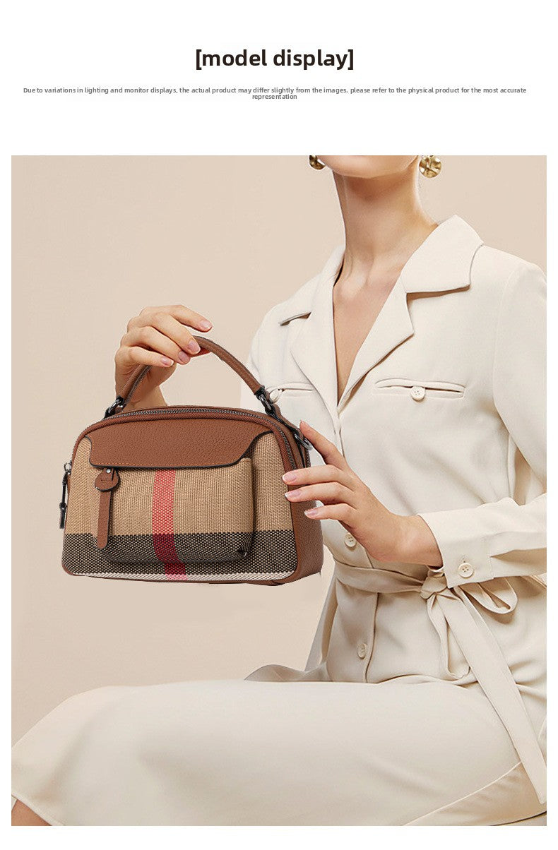 Genuine Leather Classic Plaid Handbag for Women, New Vintage Small Square Crossbody Shoulder Purse, Simple Casual Student Bag for Ladies