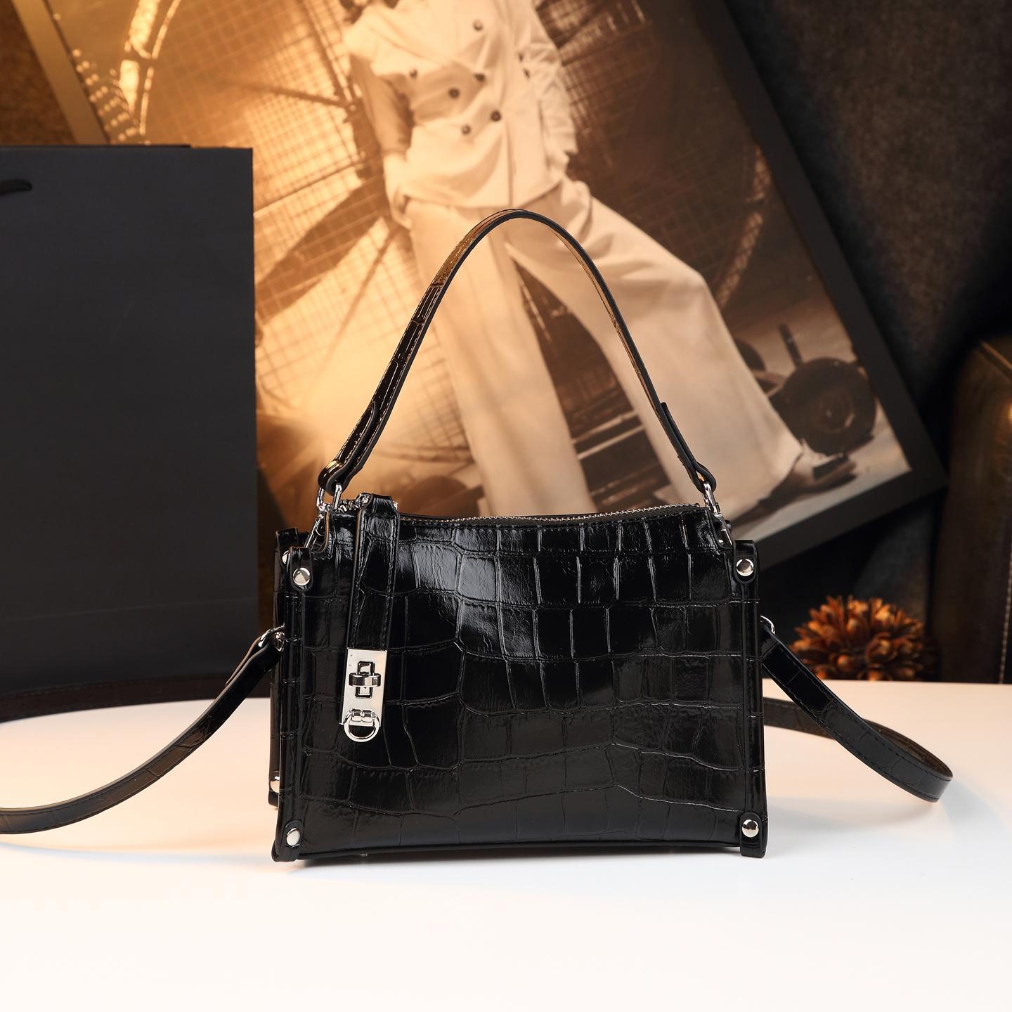New Arrival Vintage Croc-Effect Genuine Leather Box Bag for Women, A Fashionable Top-Handle Crossbody Shoulder Handbag with Versatile Design