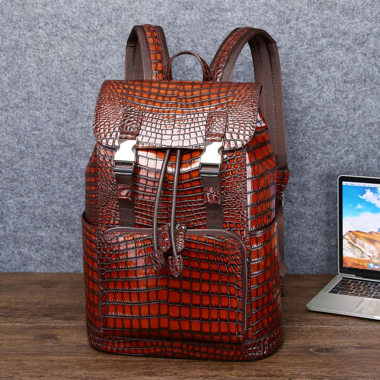 New Arrival Distressed Croc-Effect Men's Backpack, A Large Capacity High-Shine Travel Daypack with Fashionable Outdoor Design, Perfect for Adventure & Everyday