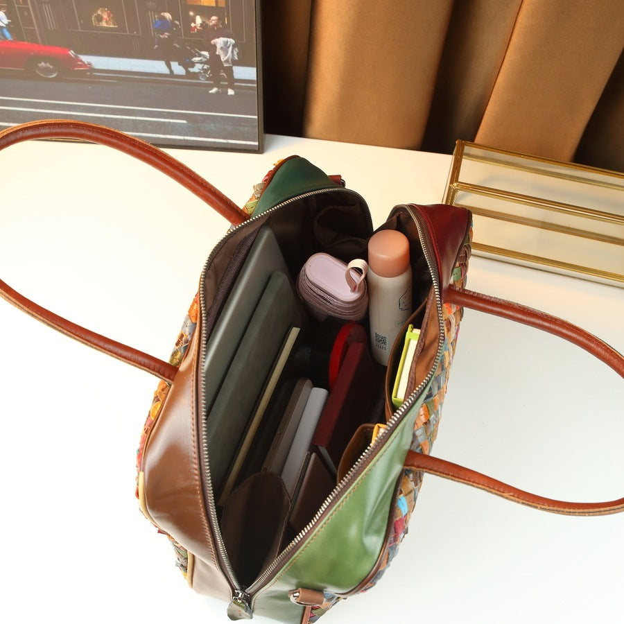 Top Layer Cowhide Patchwork Woven Tote Bag for Women Vintage Large Capacity Shoulder Handbag, Fashion Purse with Artisan Textured Design
