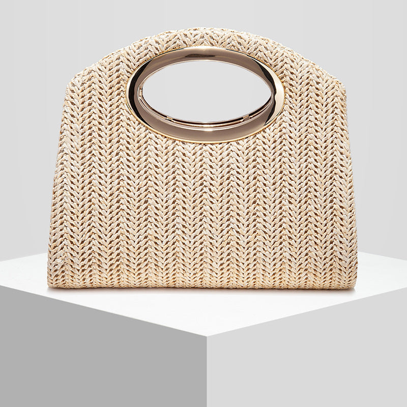 Stripe Woven Straw Evening Clutch for Women, New Formal Wedding Banquet Top Handle Crossbody Purse, Stylish Party Handbag for Ladies
