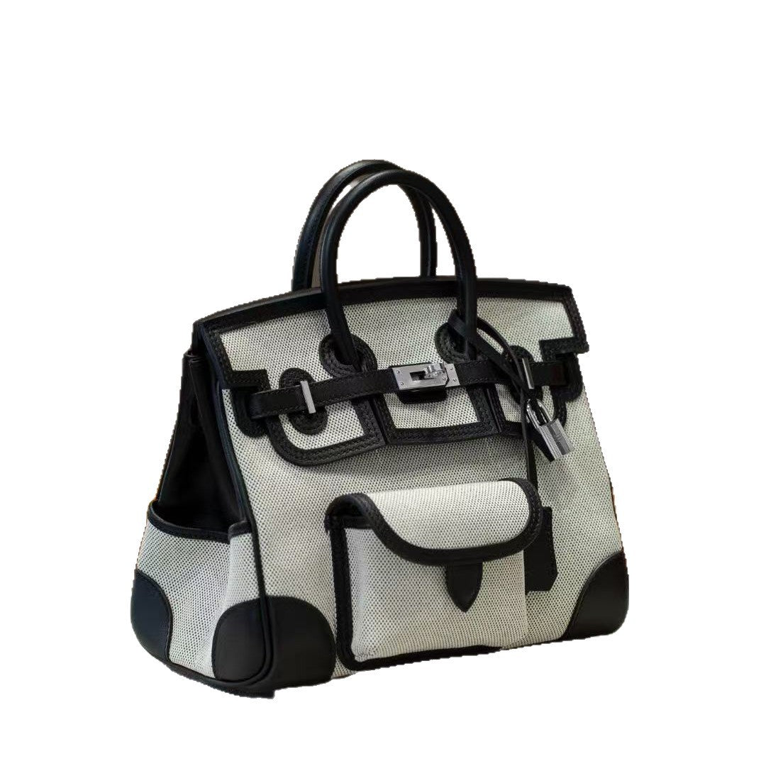 Genuine Leather and Canvas Crossbody Bag for Women, Hermès-Inspired Cargo Birkin-Style Tote Bag with Top-Grain Cowhide Leather Trim, Spacious Versatile Handbag with Top Handle and Shoulder Strap, Luxury Everyday Carry Purse
