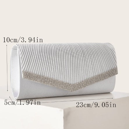 Genuine Rhinestone Pleated Evening Clutch for Women, New European Style Minimalist Versatile Handbag, Perfect Formal Party Wedding Purse for Ladies