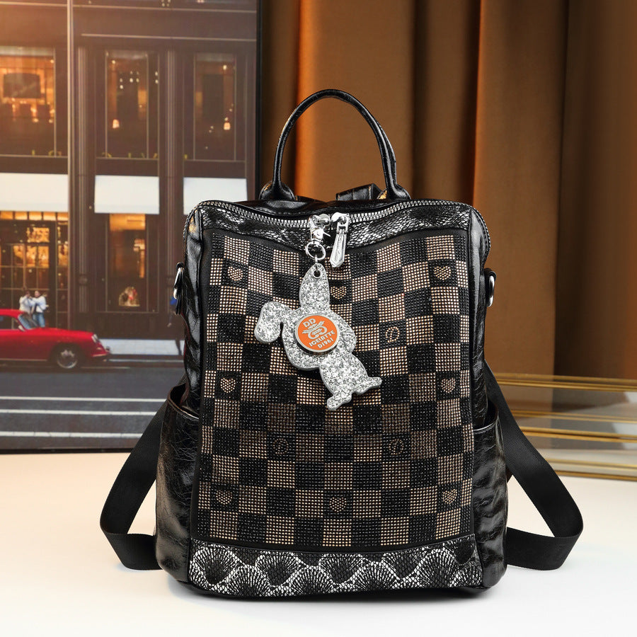 Checkerboard Rhinestone Backpack for Women Large Capacity Travel Daypack, Sparkly Checkered Purse with Trendy Going-Out Style