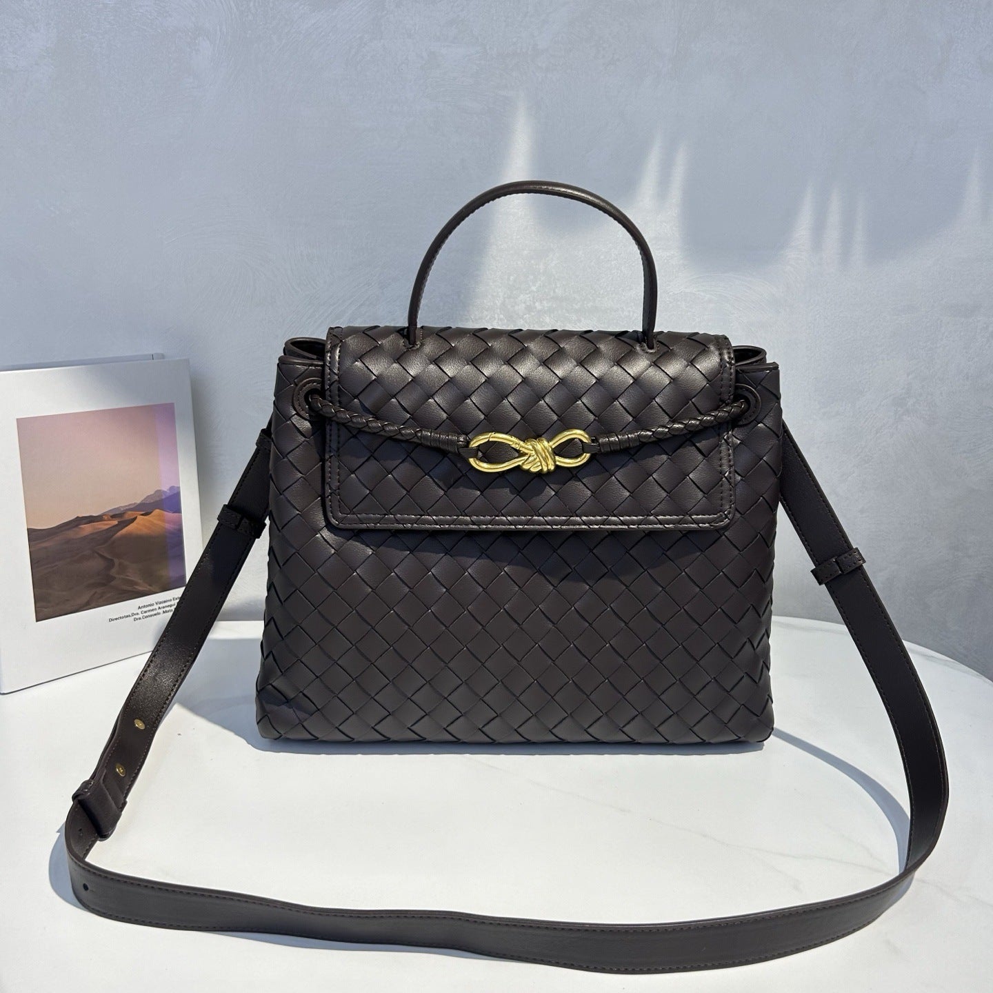 Genuine Leather Woven Tote with Butterfly Gold Buckle Flap, Large Commuter Shoulder & Crossbody Bag for Women
