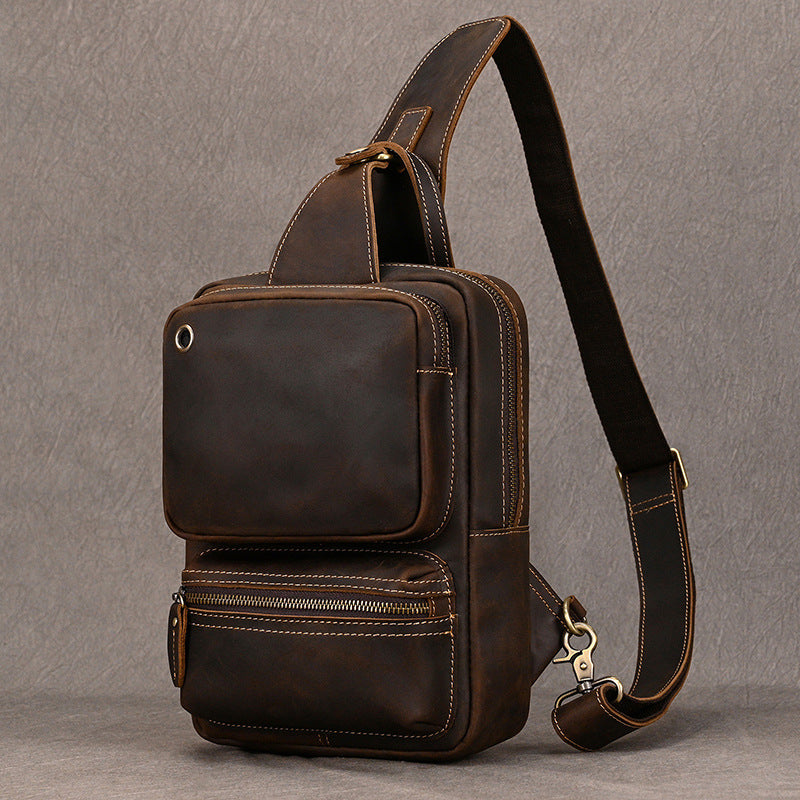 Large Capacity Crazy Horse Leather Chest Bag, Casual Crossbody Shoulder Pouch, Cowhide Bag Fits iPad for Men