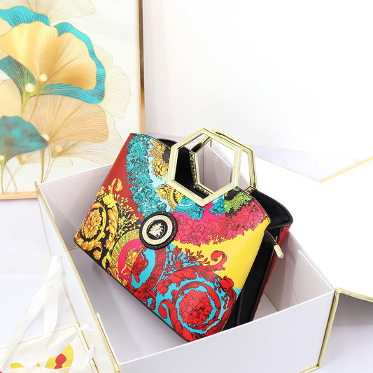 Genuine Leather Unique Metal Handle Handbag for Women, Premium Textured Top Handle Purse, Designer Style Ladies Bag