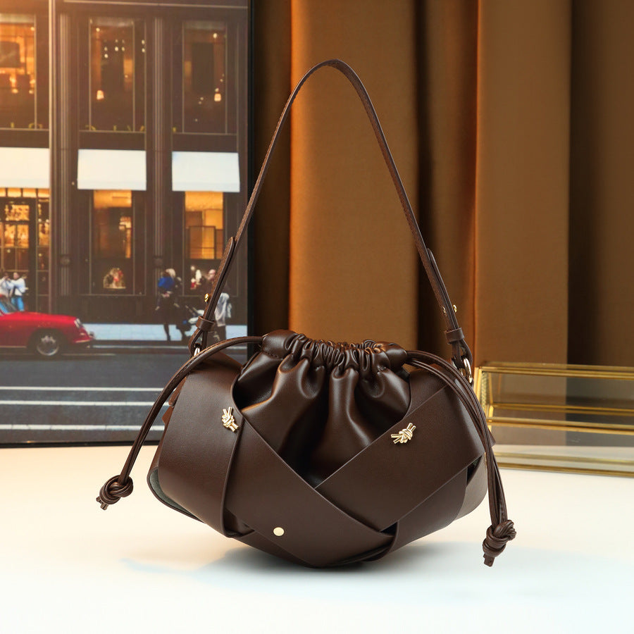 Drawstring Woven Bucket Cloud Bag for Women Light Luxury Shoulder Crossbody Handbag, Pleated Purse with Multi-Color Versatile Design