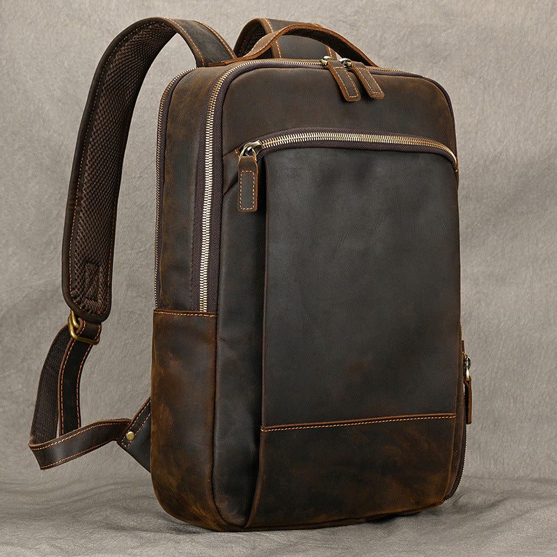 Double Zipper Main Pocket Crazy Horse Leather Backpack, Large Capacity Casual Travel Daypack, Genuine Cowhide Bag for Men