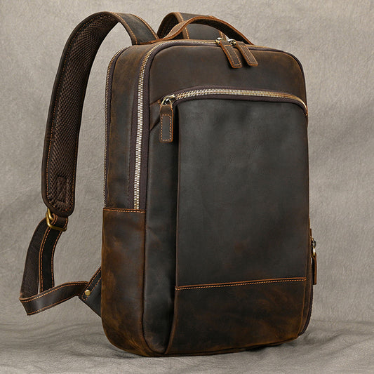 Double Zipper Main Pocket Crazy Horse Leather Backpack, Large Capacity Casual Travel Daypack, Genuine Cowhide Bag for Men