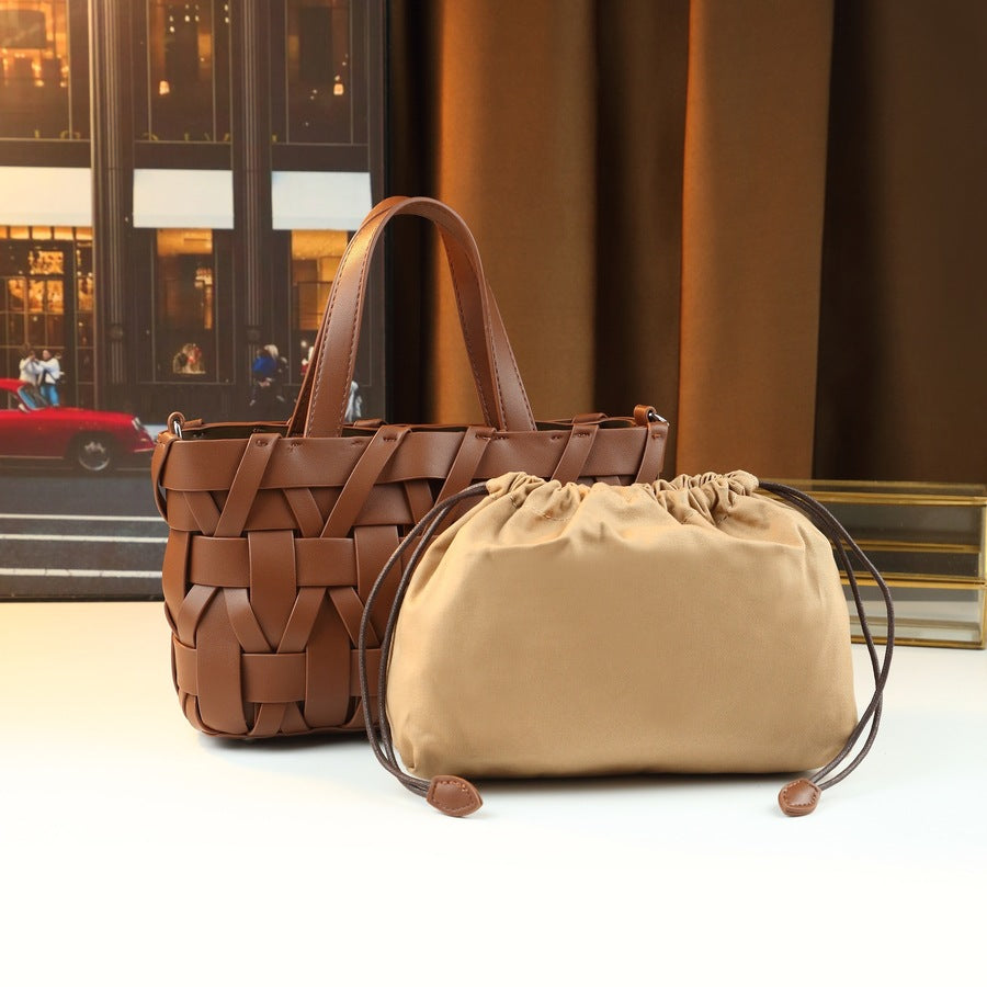 Woven Bucket Bag Set for Women Light Luxury Shoulder Crossbody Handbag, Exquisite Purse with Detachable Sub-Pouch