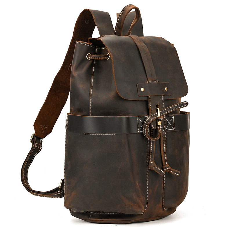 Crazy Horse Leather Flap Drawstring Large Capacity Backpack, Casual School Travel Rucksack, Versatile Daypack for Men and Women