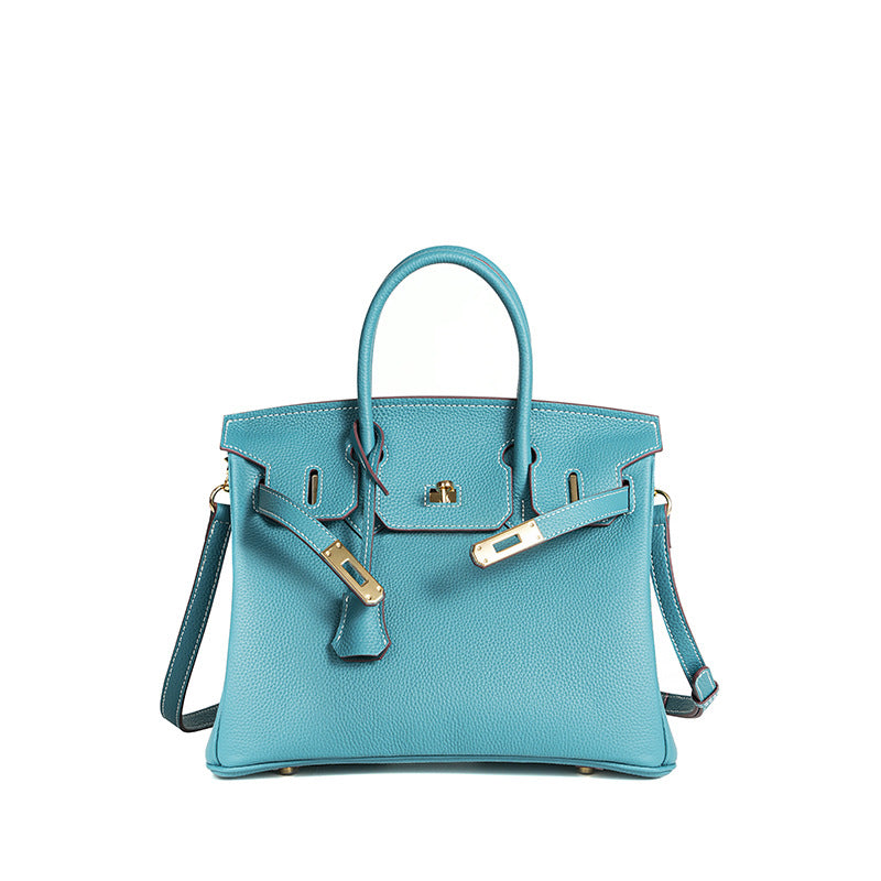 Handcrafted Waxed Thread Birkin-Inspired Tote Bag for Women, Top-Layer Pebbled Cowhide Leather with Elegant Turn-Lock Closure, Premium Everyday Handbag