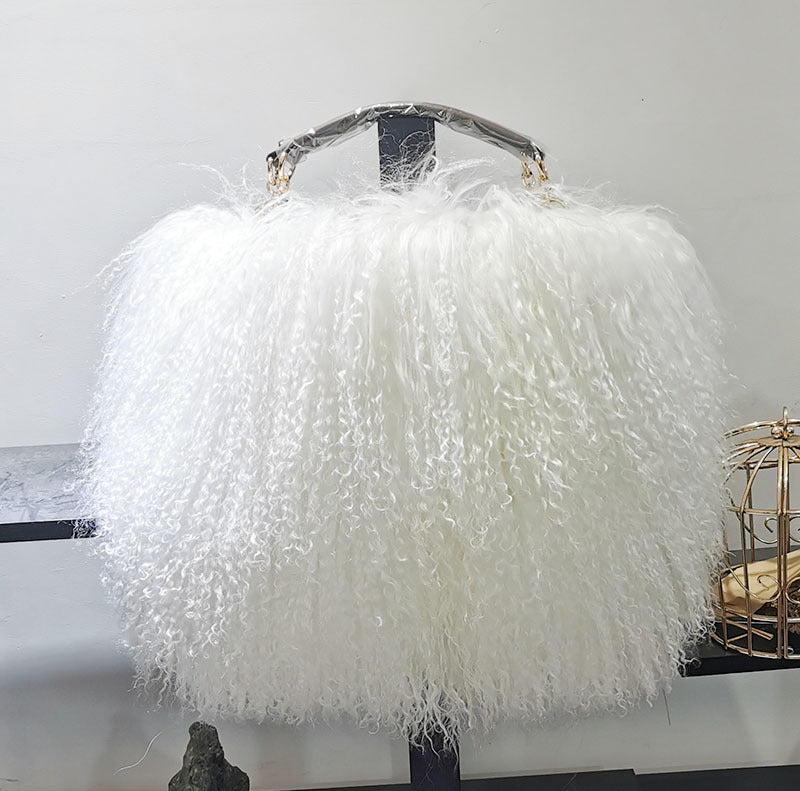 New Tansheep Fur Shoulder Bag for Women, Genuine Sheepskin Leather Crossbody Handbag with Tassel, Street Style Top-Handle Purse with Fluffy Texture