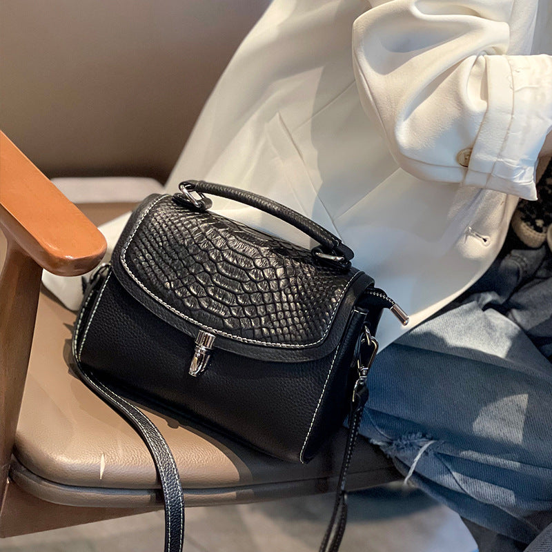 New Arrival Croc-Effect Genuine Leather Small Square Bag for Women, A Premium Top-Layer Cowhide Top-Handle Crossbody Handbag with Elegant Sophisticated Design