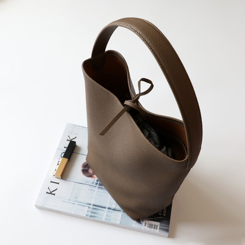 Cowhide Bucket Tote Bag for Women Minimalist Slouchy Shoulder Handbag, Large Capacity Genuine Leather Purse with Versatile Everyday Style