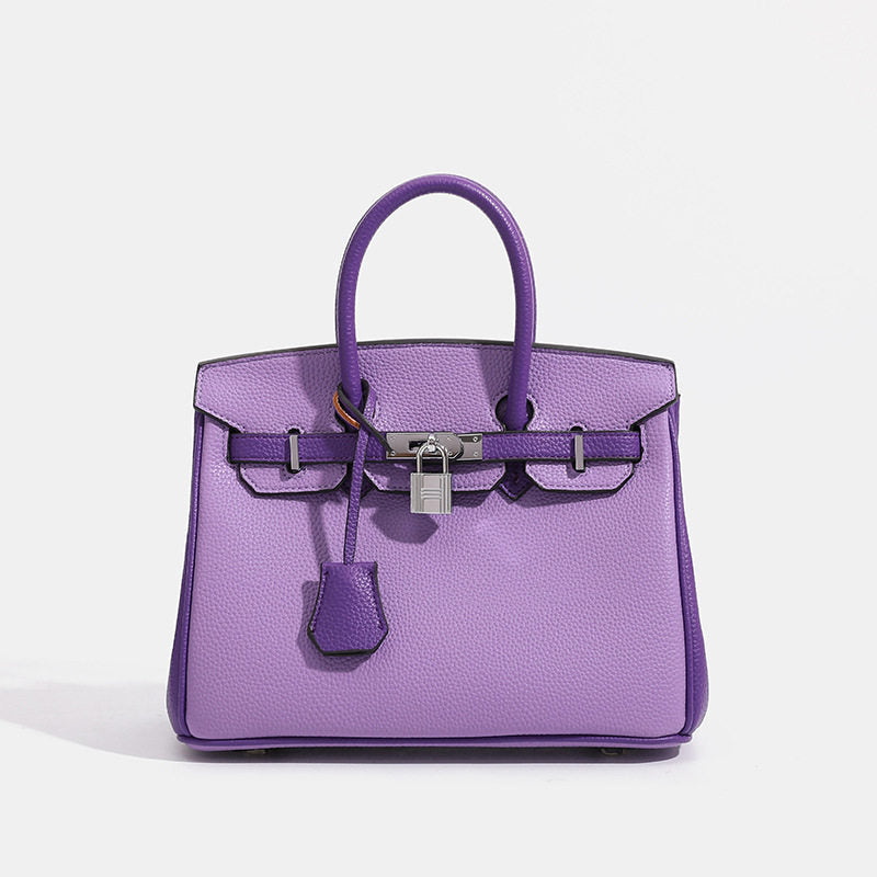 Genuine Pebbled Leather Birkin-Style Top Handle Bag for Women, New Arrival Large Capacity Color Block Purse, Premium Chic Handbag for Ladies