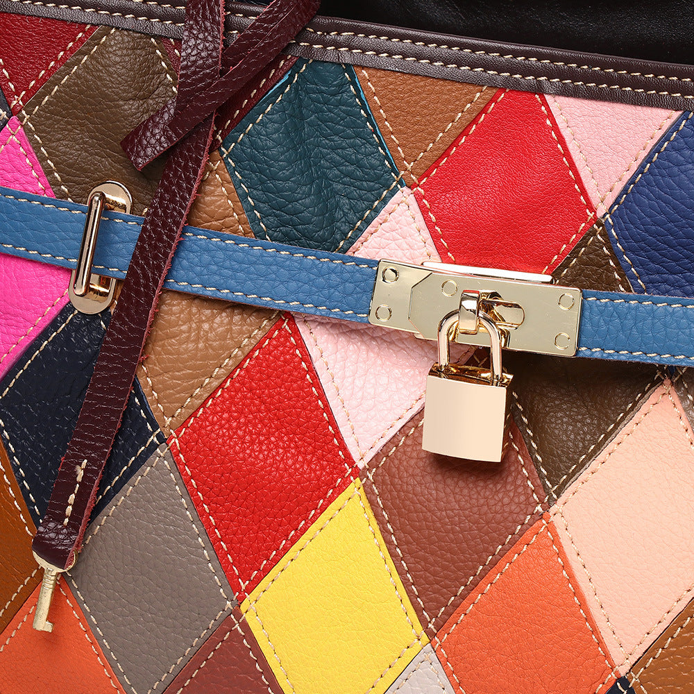 Genuine Top Layer Cowhide Color Block Handbag for Women, Vintage Platinum-Style Crossbody Top Handle Purse, New Arrival Designer Shoulder Bag