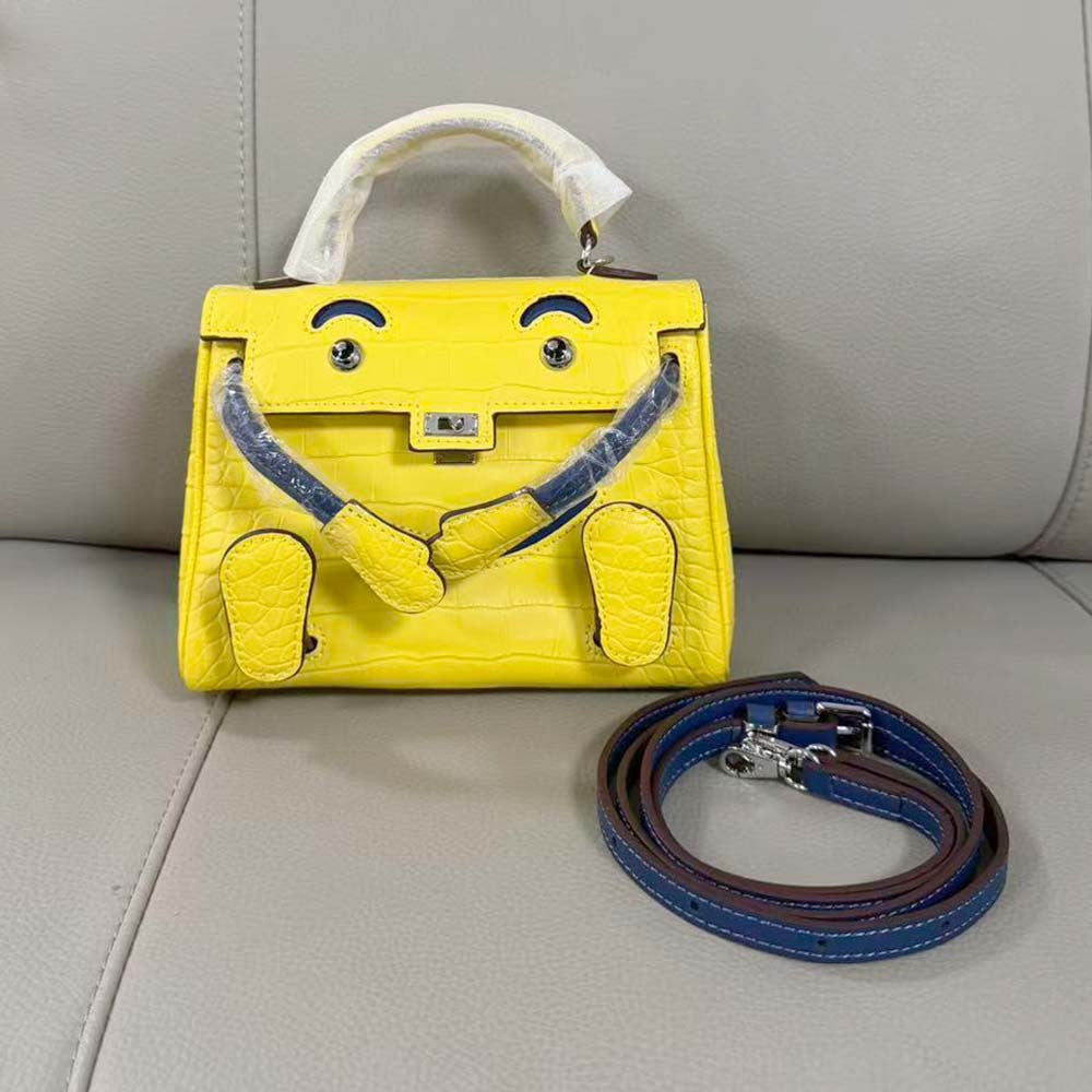Genuine Leather Crocodile-Embossed Smiley Face Kelly-Style Bag for Women, New Millennium Doll Small Square Crossbody Shoulder Purse, Trendy Handbag for Ladies