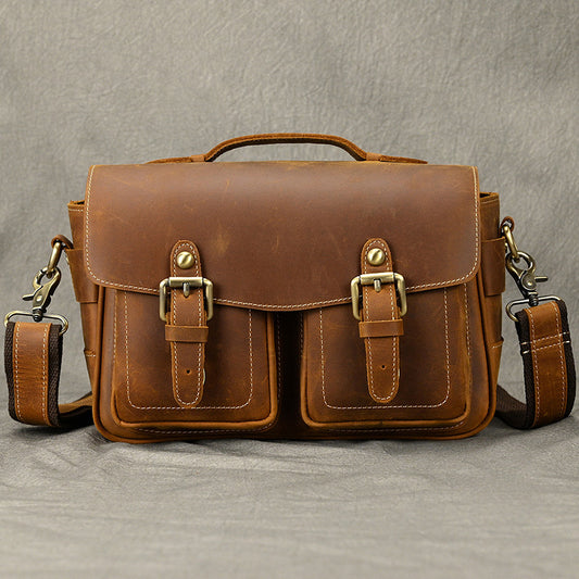 Vintage Crazy Horse Leather Mini Mirrorless Camera Bag, DSLR Crossbody Shoulder Case, Top Layer Cowhide Protective Pouch for Photographers