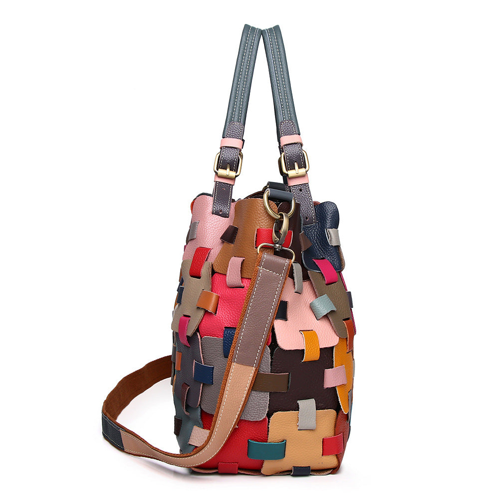 Premium Genuine Cowhide Leather Colorful Woven Basket Bag for Women | Ethnic Style Top-Handle Shoulder Cross-Body Handbag with Artistic Craftsmanship | Spacious Beach Tote for Travel, Shopping & Casual Outings | Trendy Statement Accessory with Bohemi