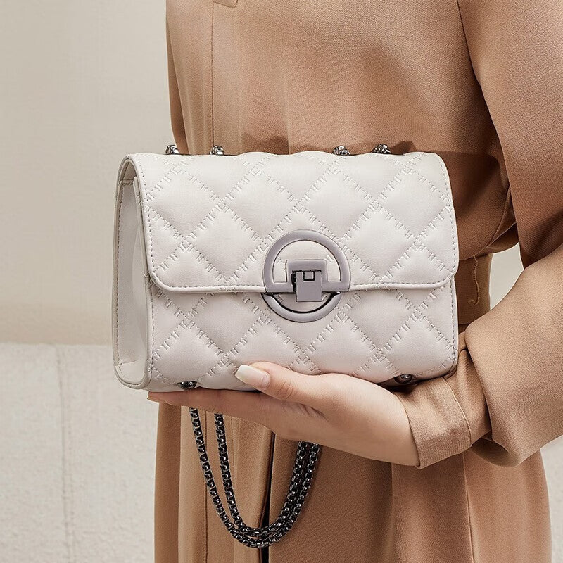 Women's Genuine Leather Quilted Stitch Chain Cross-Body Bag, New Summer Style Shoulder Purse with Underarm Fit, Trendy Lightweight Handbag for Daily Outings & Travel