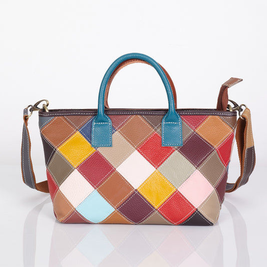 Premium Genuine Leather Colorful Plaid Patchwork Bag for Women | New Quilted Color-Block Top-Handle Shoulder Cross-Body Handbag with Unique Artistic Design | Versatile 3-in-1 Carry Purse for Work, Errands, Travel & Everyday Chic | Trendy Statement Ac