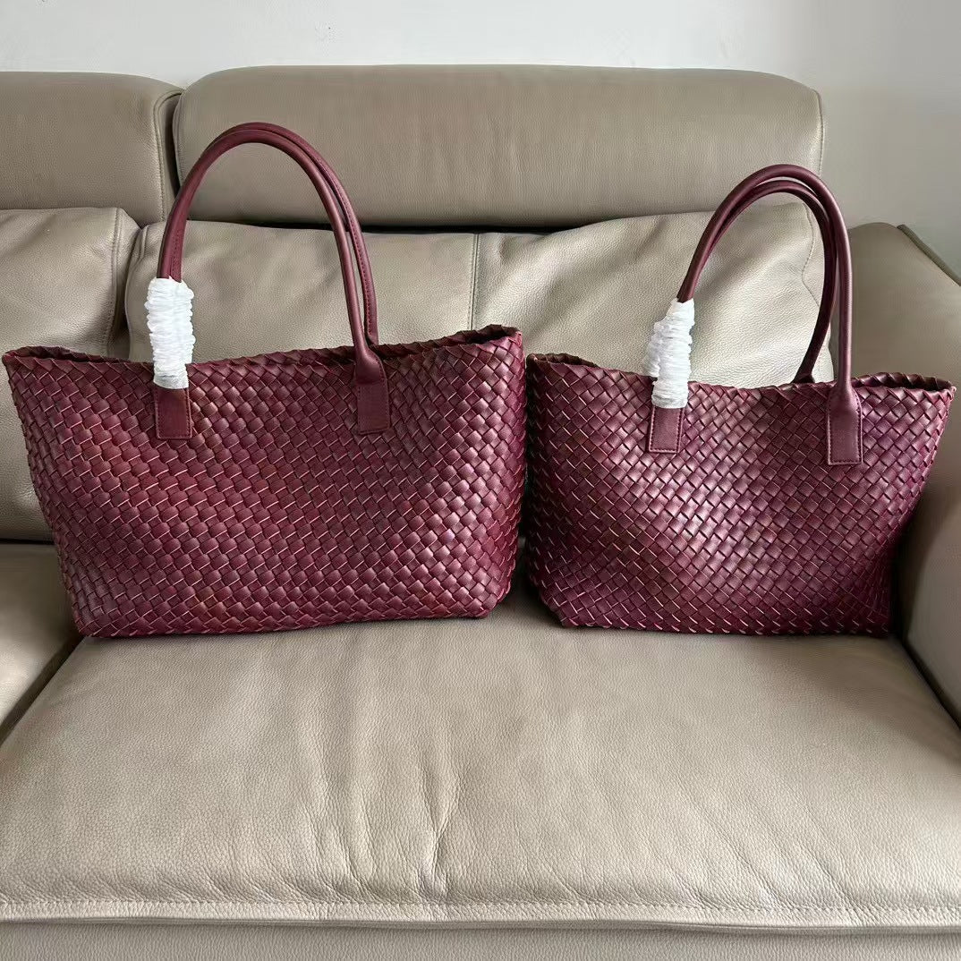 Premium Genuine Leather Woven Basket Tote Bag for Women | New Large-Capacity 2-in-1 Tote with Detachable Matching Pouch | Niche Designer Shoulder Handbag with Unique Artisan Woven Detail | Trendy Spacious Carryall for Work, Errands, Travel & Everyday