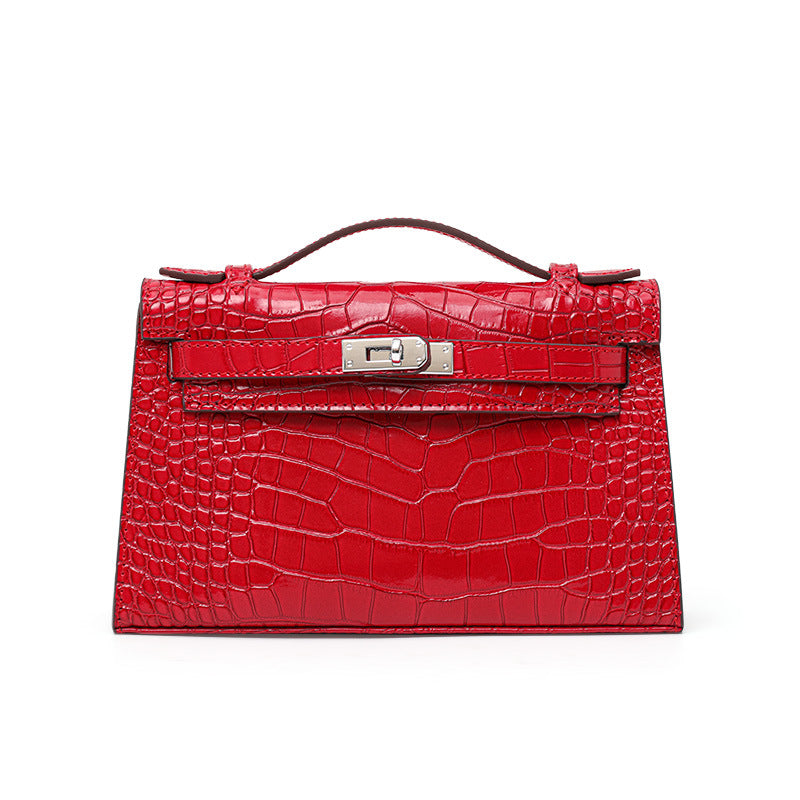 Genuine Leather Red Crocodile-Embossed Kelly-Style Handbag for Women, New Premium Shoulder Crossbody Top Handle Purse, Chic Bag for Ladies