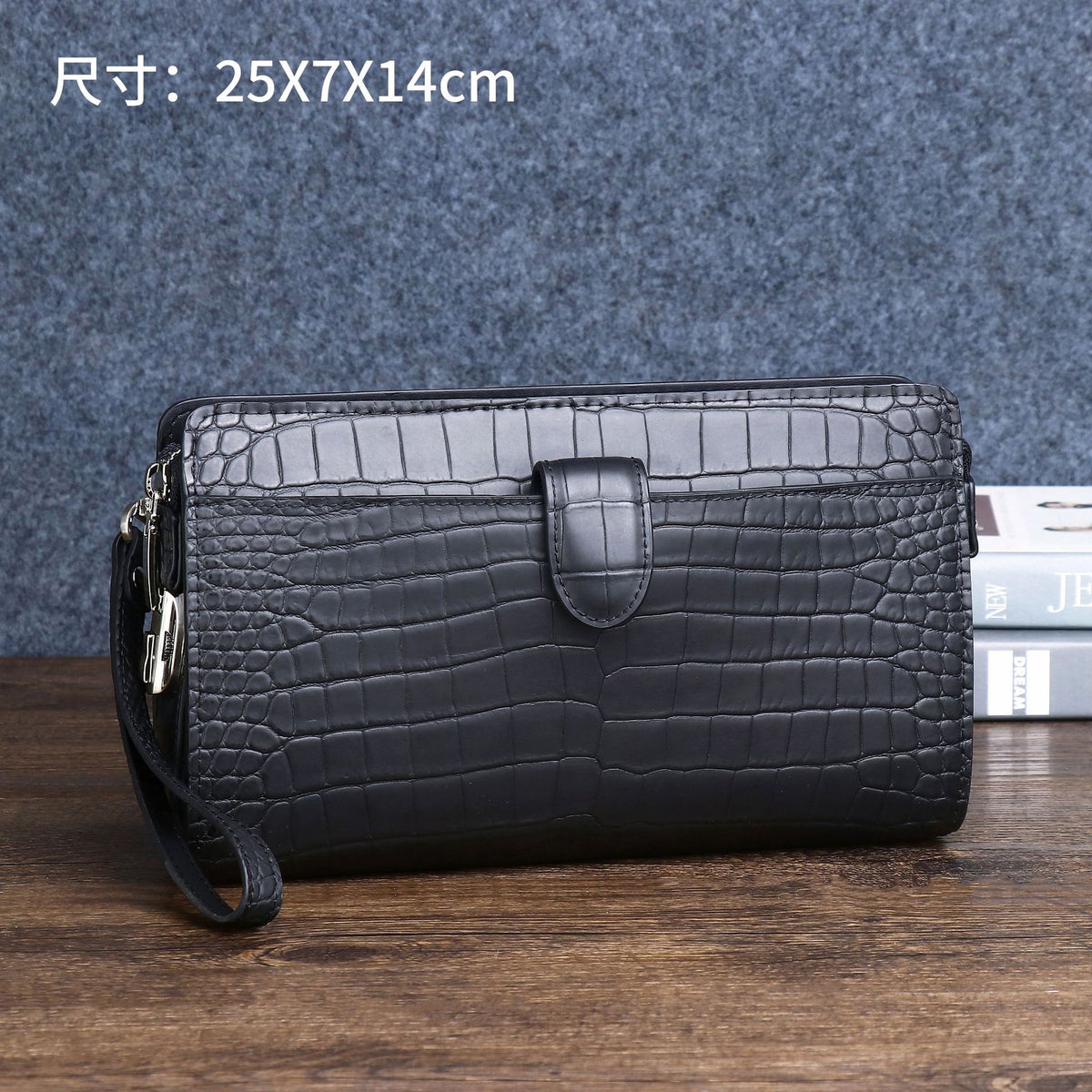 New Arrival Matte Black Croc-Effect Large Clutch for Men, A Business Document Organizer with Combination Lock & Multiple Card Slots, Multi-Functional Wallet