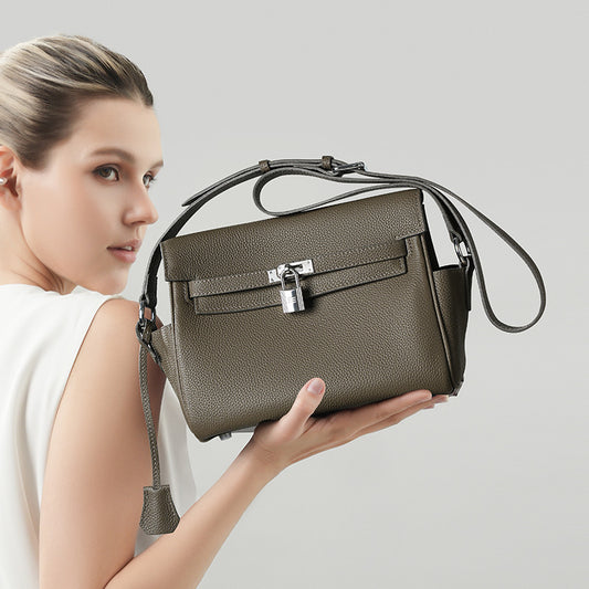 Genuine Togo Top Layer Cowhide Kelly-Style Messenger Bag for Women, Black New Crossbody Top Handle Commute Purse, Premium Shoulder Handbag for Ladies