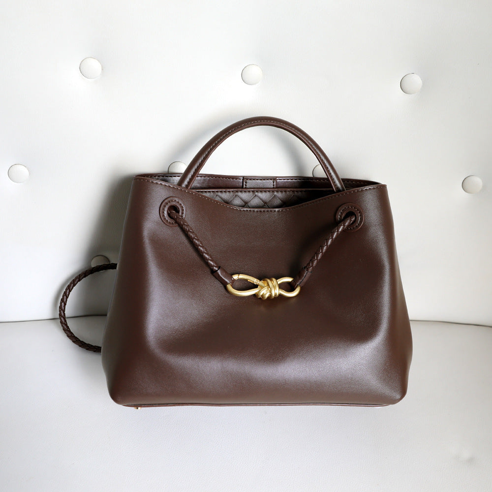 Metal Bow Tote Bag for Women Genuine Cowhide Leather Large Capacity Shoulder Handbag, Elegant Hardware Accent with Versatile Style