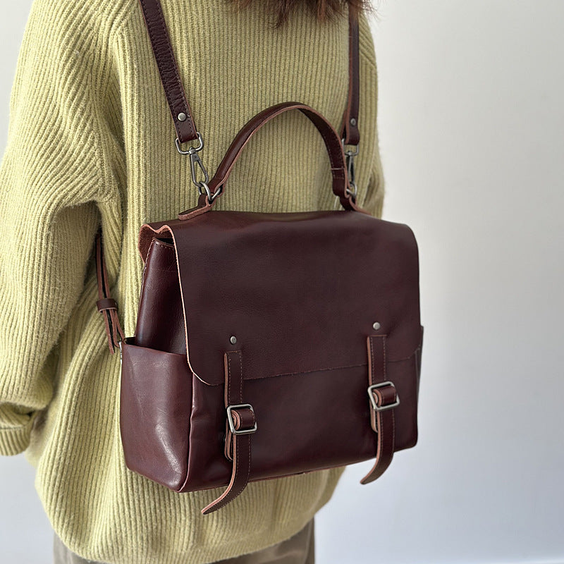 Vegetable-Tanned Leather Backpack for Women, Large Capacity Commute Travel Daypack, Versatile Shoulder Crossbody Top Handle Bag, Casual Everyday Purse for Ladies